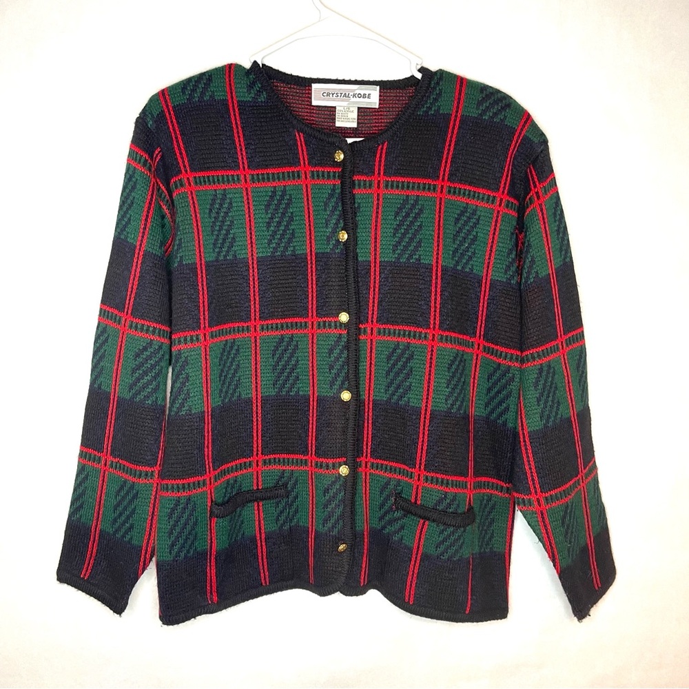 Crystal Kobe Vintage Plaid Cardigan Green Red Holiday Women Size Large Academia